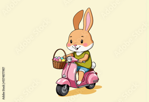 Bunny riding pink scooter while carrying basket of Easter eggs  