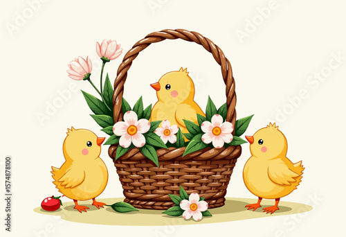 Three yellow chicks among flowers in a basket on a light background  