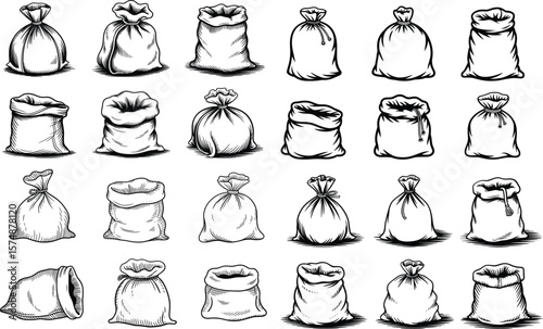"Drawstring and Open Sack Icon Set, Hand-Drawn Bag Vector Collection.

