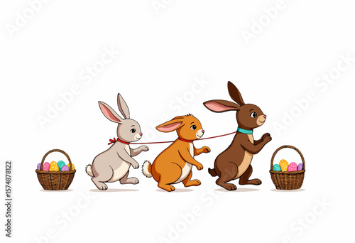 Cute cartoon rabbits running with Easter egg baskets  