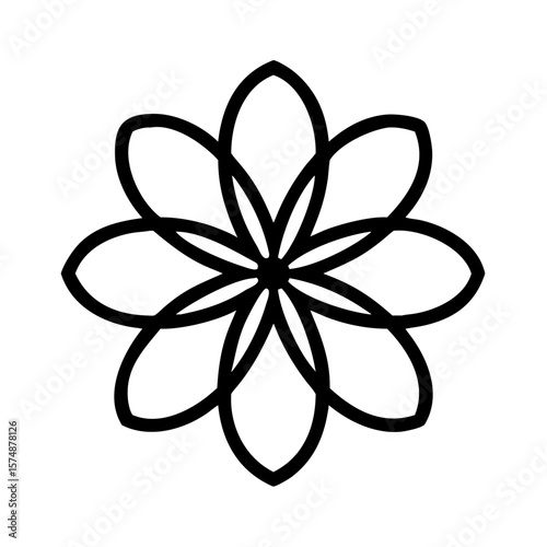 Elegant Black Line Art Flower Design, Eight Petals, Simple Floral Icon
