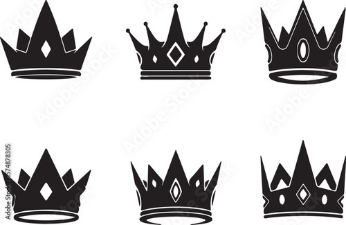 Vector set of king and queen crown icons, perfect for Christmas, holiday, or travel designs, featuring star, boat, ship, and tree silhouettes