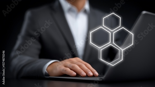 AI automation and API automation. Data transfer through system integration. Intelligent process automation technology solutions. Businessman using laptop computer for managing automation