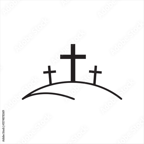 Simple Illustration of Three Crosses on a Hill Symbolizing Faith Hope and Charity in a Clean Minimalist Design