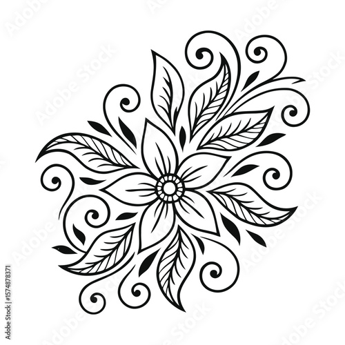 Black and White Floral Design with Curlicues and Leaves Illustration