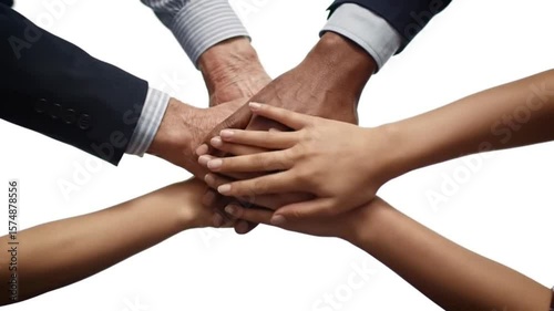 Hands of a business team joined together in the center, symbolizing partnership and teamwork