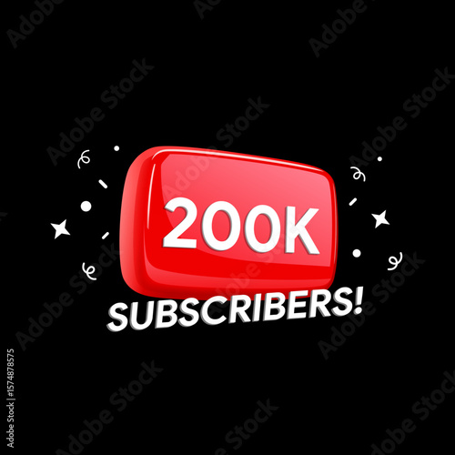 200K Subscribers banner. One hundred thousand followers. blog achievement. Video vlog milestone. Content creator stats badge. Vector illustration design.
