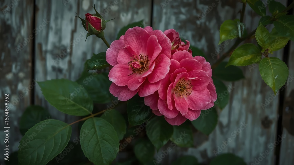 Obraz premium Vibrant Pink Roses Blooming Against a Rustic Wooden Fence