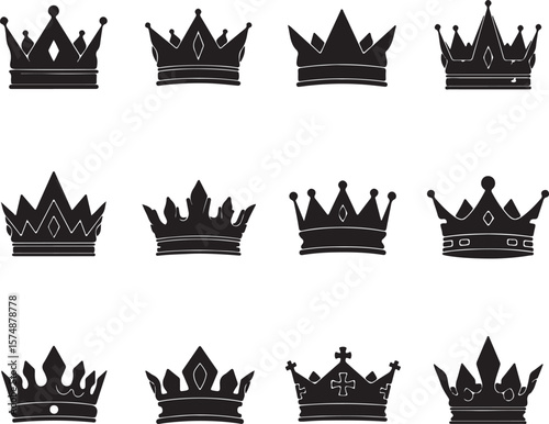 A set of crown vector silhouette icons with medieval castle and city skyline architecture illustrations