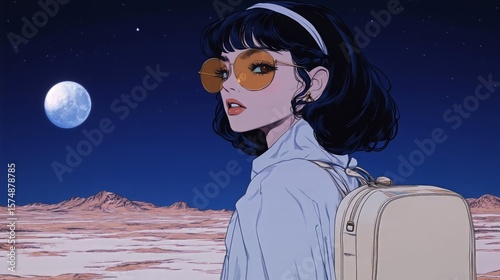 Stylish girl with sunglasses under moonlit sky in desert landscape
