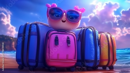 Cute animated character enjoying a beach vacation surrounded by colorful luggage