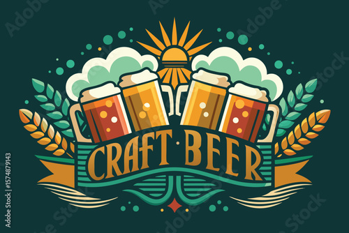 Craft Beer Label Design with Steins and Wheat