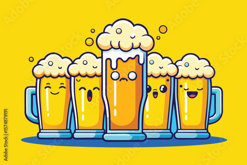 Cute Cartoon Beer Glasses with Happy Faces