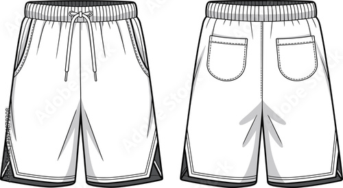 Sporty shorts front and back, drawstring waist, pockets, breathable fabric, casual fit, stylish design, gym wear, athletic outfit, unisex fashion