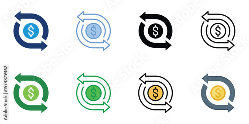 Cash Flow Icons Set Vector Multiple Style Collection