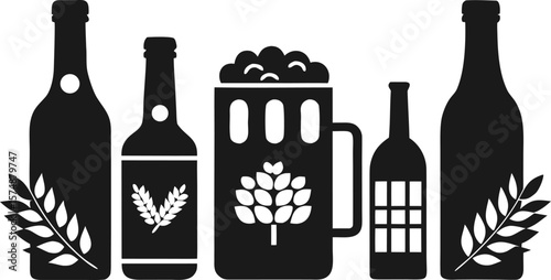 Black and White Icon Set of Beer Bottles and Mug