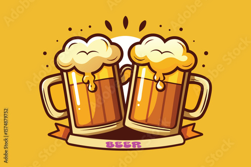 Two Mugs of Beer Toasting Cheers Cartoon Illustration