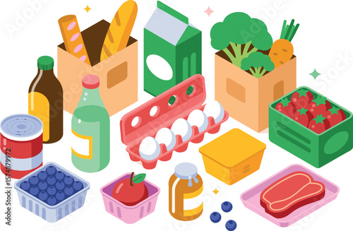Isometric illustration of various groceries including fruits vegetables and packaged goods items


