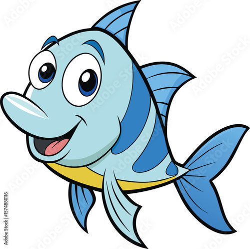 Cartoon illustration of a friendly blue fish with a smiling face and large eyes