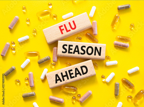 Flu Season Ahead symbol. Concept word Flu Season Ahead on wooden blocks. Beautiful yellow background with pills. Medicine and Flu Season Ahead concept. Copy space