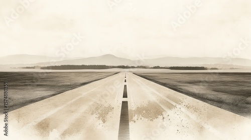 Minimalist sepia open road with mountainous horizon in grayscale