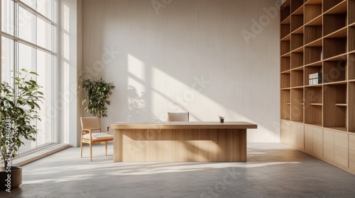 Sunlit minimalist office, wooden desk, bookshelf, plants