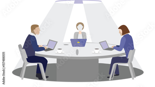Three people sitting around a round table with laptops and coffee cups in a brightly lit conference room