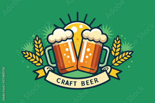 Craft Beer Toast Two Mugs with Wheat and Sun