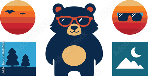 Vector Cool Bear Retro Sunset Graphic:  Summer Vacation, Nature, Camping,  Adventure Theme, Flat Design, Vector Illustration.