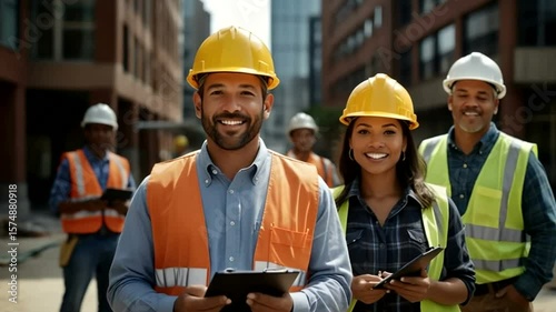 Construction workers team with hardhats, smile on the job site