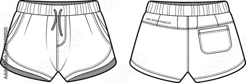Technical sketch of athletic gym shorts, front and back views, drawstring waistband, side pocket detail, breathable summer fashion, casual activewear design