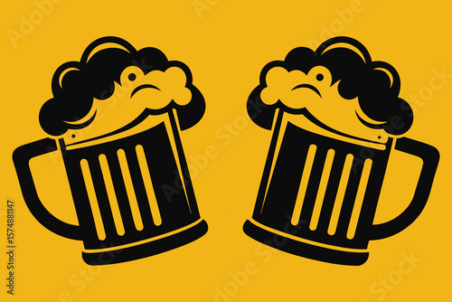Two Black Beer Steins with Frothy Foam on Yellow Background