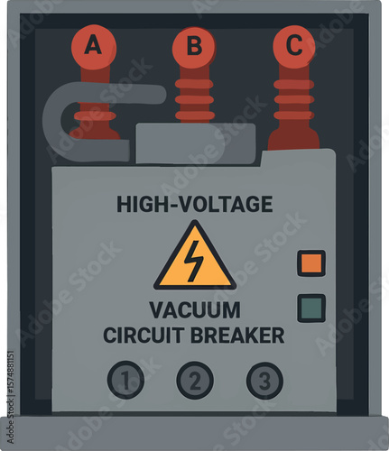Flat vector high-voltage vacuum circuit breaker in cabinet form, labeled terminals, isolated on white