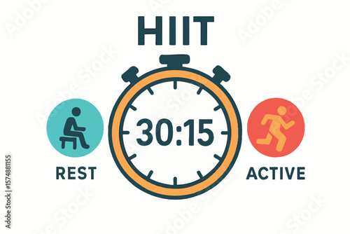 Flat vector HIIT session timer with icons for rest and active moments, isolated on white