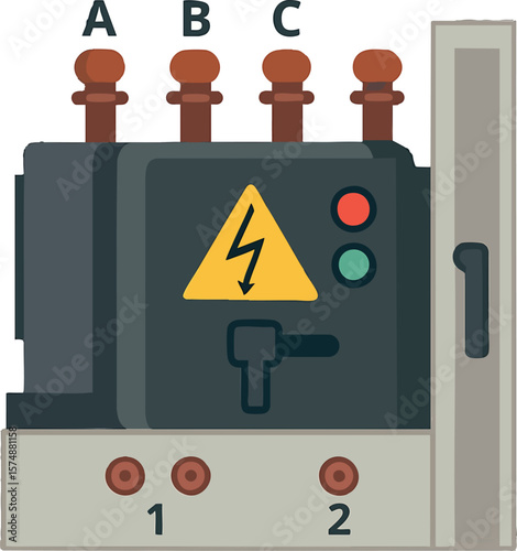 Flat vector high-voltage vacuum circuit breaker in cabinet form, labeled terminals, isolated on white