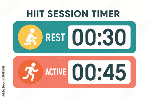 Flat vector HIIT session timer with icons for rest and active moments, isolated on white