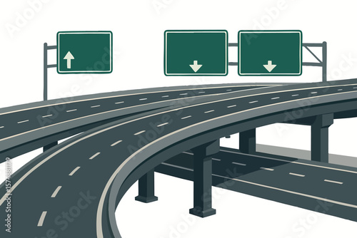 Flat vector highway overpass with multiple lanes and road signs, transportation infrastructure, isolated on white