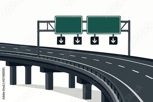 Flat vector highway overpass with multiple lanes and road signs, transportation infrastructure, isolated on white