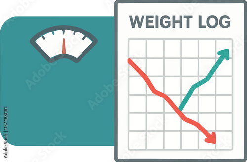 Flat vector home scale and weight log sheet with upward/downward trend line, isolated on white
