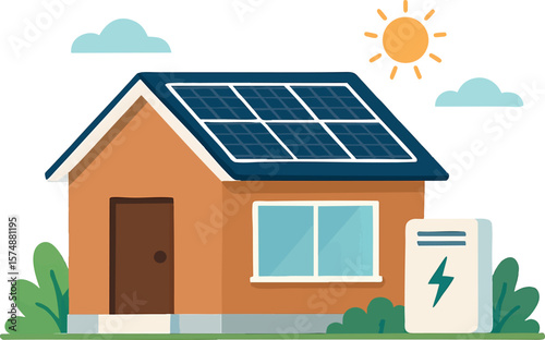 Flat vector home with solar roof and battery wall, smart eco-living concept, isolated on white