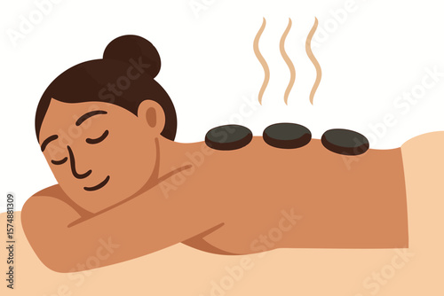 Flat vector hot stone massage on back with steam lines and calm facial expression, isolated on white