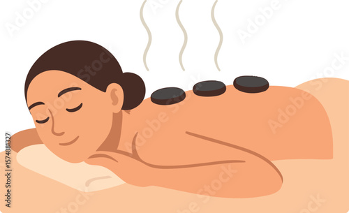 Flat vector hot stone massage on back with steam lines and calm facial expression, isolated on white