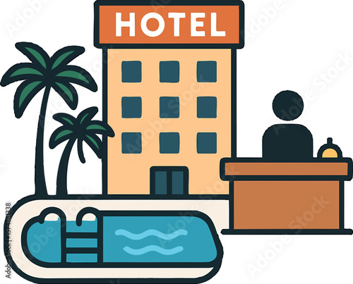 Flat vector hotel resort icon with pool, palm trees, and check-in desk, luxury travel, isolated on white