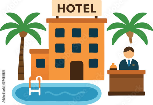 Flat vector hotel resort icon with pool, palm trees, and check-in desk, luxury travel, isolated on white