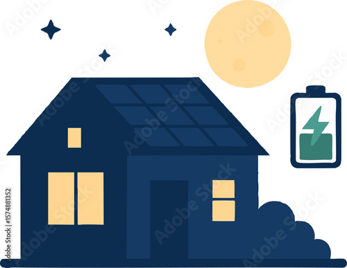 Flat vector house at night using solar-stored energy, moon and battery icon visible, isolated on white