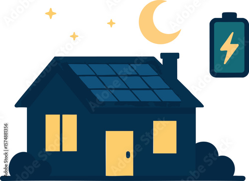 Flat vector house at night using solar-stored energy, moon and battery icon visible, isolated on white