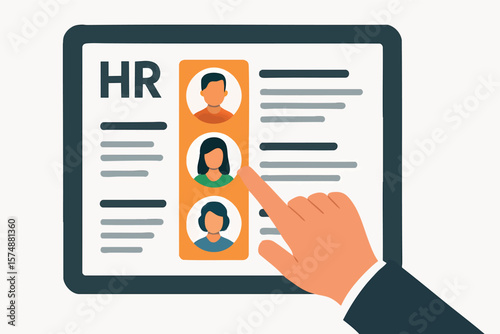 Flat vector HR hand choosing a highlighted profile from tablet list, ideal match, isolated on white