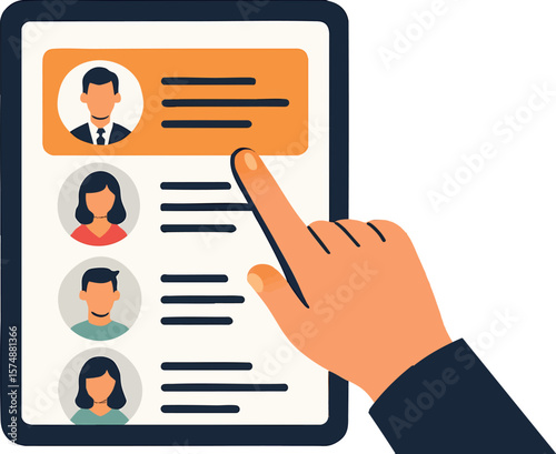 Flat vector HR hand choosing a highlighted profile from tablet list, ideal match, isolated on white