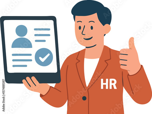 Flat vector HR manager giving thumbs up while reviewing applicant’s digital profile, isolated on white