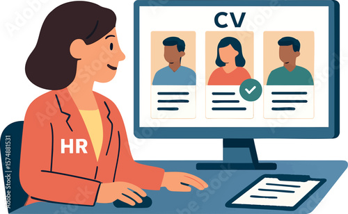 Flat vector HR manager reviewing CVs on screen and shortlisting candidates, hiring process, isolated on white